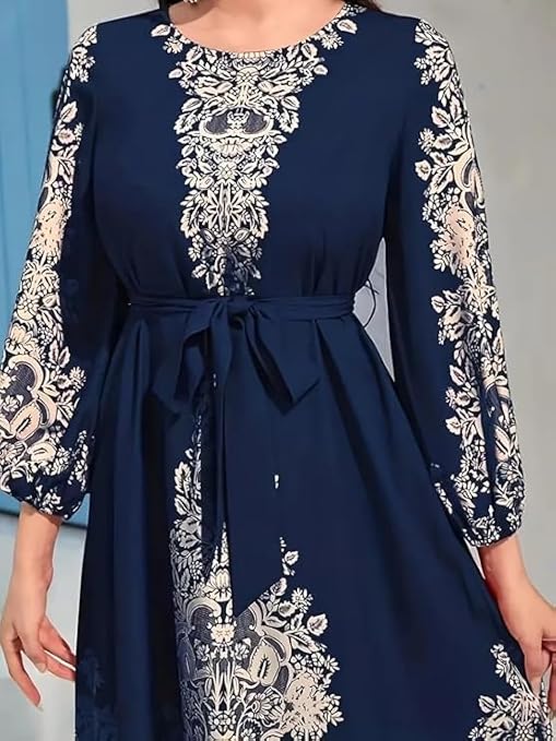 Women's graphic-print tunic dresses, elegant Ramadan balloon sleeve long dresses