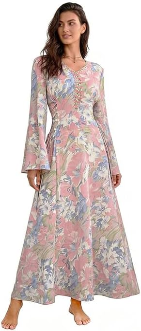 Dresses for Women Stylish long dress Formal Slim-Fit V-Neck Flare Sleeve Elegant Floral Print Design A Line Dresses for Banquet Partiesdress Prom Summer