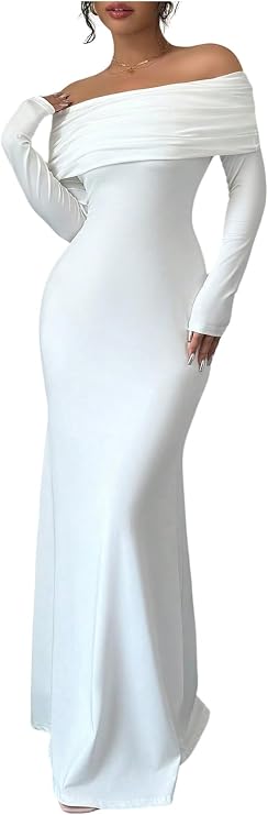 GORGLITTER Women's Fishtail Ruffle Maxi Dresses Off Shoulder Long Sleeve Ruched Elegant Dress