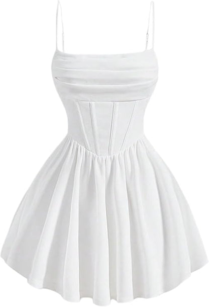 GORGLITTER Women's A Line Skater Ruched Corset Dress Flare Flowy Cami Mini Dresses