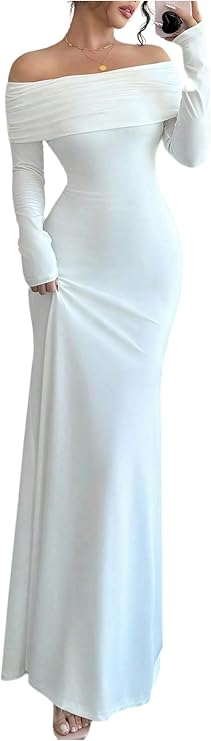 GORGLITTER Women's Fishtail Ruffle Maxi Dresses Off Shoulder Long Sleeve Ruched Elegant Dress