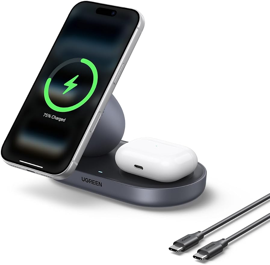 UGREEN Qi2 15W 2-in-1 Magsafe Wireless Charger Stand, Magnetic Fast Charging Station, Compatible for iPhone 17 16 15 14 13 12 Series, AirPods, for Home and Office Desk Use With 1M USB-C Cable