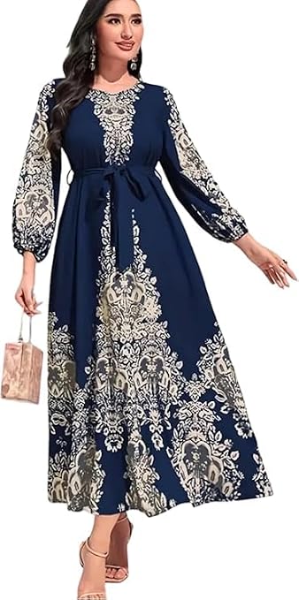 Women's graphic-print tunic dresses, elegant Ramadan balloon sleeve long dresses
