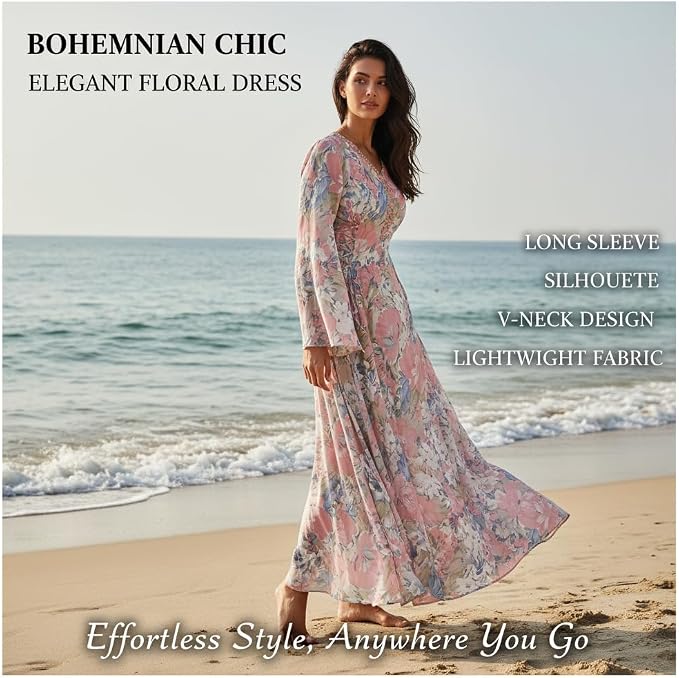 Dresses for Women Stylish long dress Formal Slim-Fit V-Neck Flare Sleeve Elegant Floral Print Design A Line Dresses for Banquet Partiesdress Prom Summer