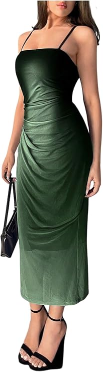 GORGLITTER Women's Elegant Ombre Ruched Long Cami Dress Sleeveless Pencil Party Sundress