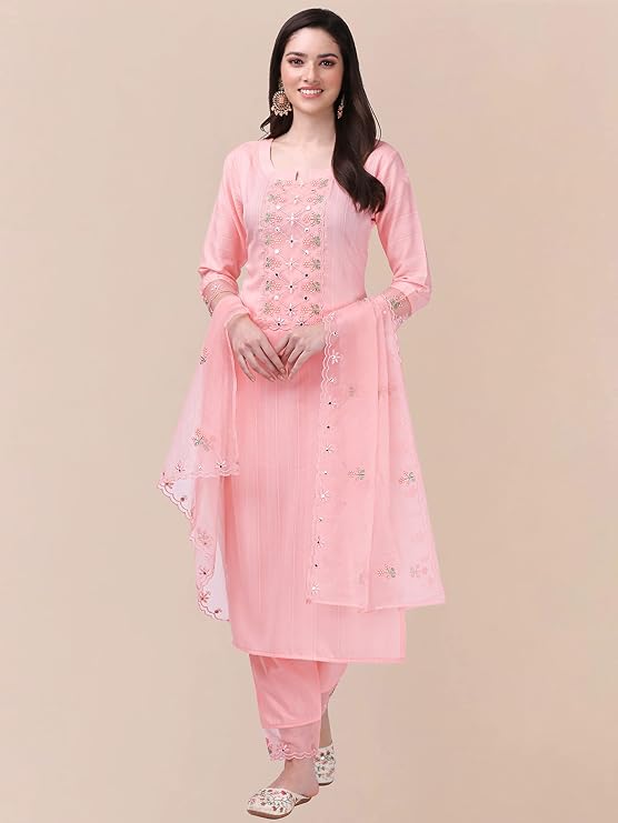 Trendmalls Women's Cotton Embroidery Salwar Suit Set Kurta Pant with Dupatta