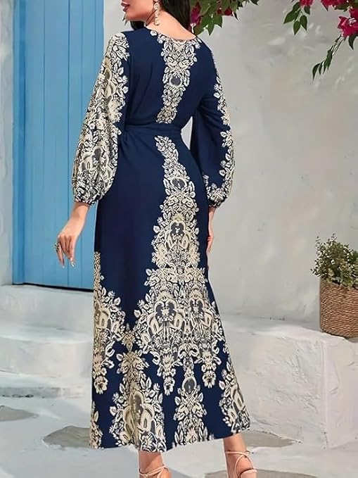 Women's graphic-print tunic dresses, elegant Ramadan balloon sleeve long dresses