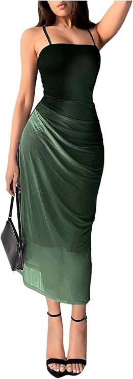 GORGLITTER Women's Elegant Ombre Ruched Long Cami Dress Sleeveless Pencil Party Sundress
