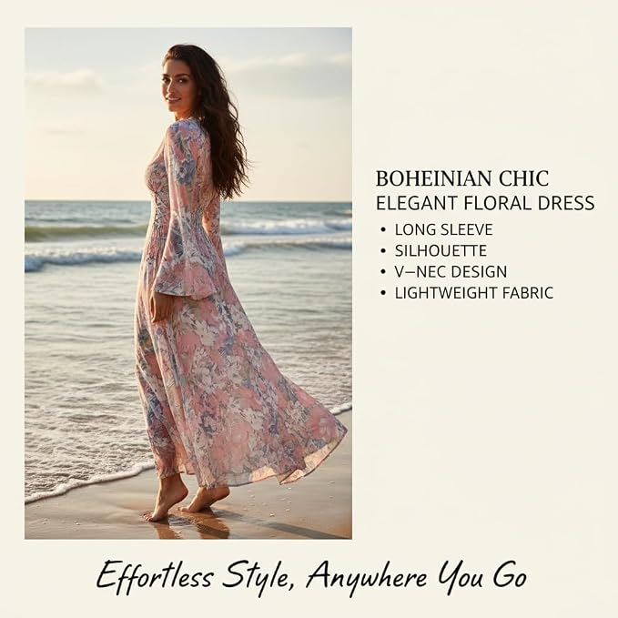 Dresses for Women Stylish long dress Formal Slim-Fit V-Neck Flare Sleeve Elegant Floral Print Design A Line Dresses for Banquet Partiesdress Prom Summer