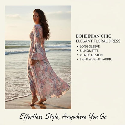Dresses for Women Stylish long dress Formal Slim-Fit V-Neck Flare Sleeve Elegant Floral Print Design A Line Dresses for Banquet Partiesdress Prom Summer