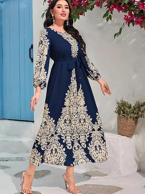 Women's graphic-print tunic dresses, elegant Ramadan balloon sleeve long dresses