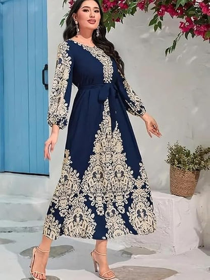 Women's graphic-print tunic dresses, elegant Ramadan balloon sleeve long dresses
