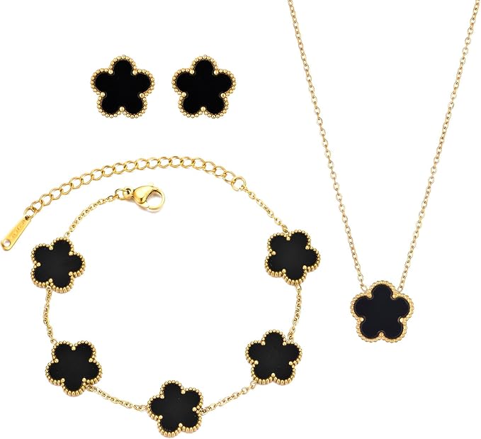 Black Tone Three Piece Jewelry Set, Stainless Steel Double Side Shell Five Leaf Flower Choker Necklace for Women Trendy