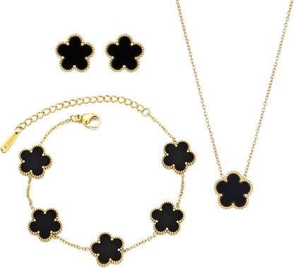 Black Tone Three Piece Jewelry Set, Stainless Steel Double Side Shell Five Leaf Flower Choker Necklace for Women Trendy