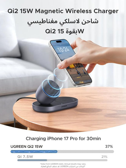 UGREEN Qi2 15W 2-in-1 Magsafe Wireless Charger Stand, Magnetic Fast Charging Station, Compatible for iPhone 17 16 15 14 13 12 Series, AirPods, for Home and Office Desk Use With 1M USB-C Cable