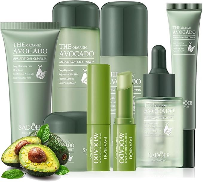 Yasovigi Avocado Skin Care Kit with 7 Pieces, Skin Care Gift Set with Facial Cleanser, Tonic, Lotion, Facial Serum, Facial Cream, Eye Cream, Protective