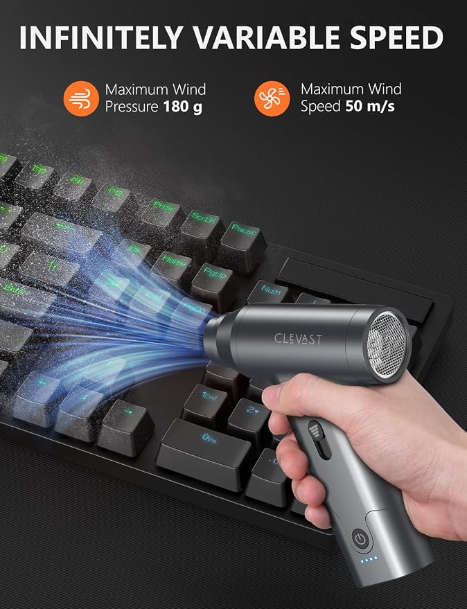 CLEVAST Electric Air Duster, Cordless Compressed Air Blower, 130000 RPM, Stepless Speed, Rechargeable Cleaning Kit for PC, Keyboard, Car and Electronics