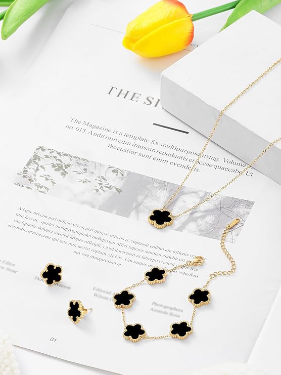 Black Tone Three Piece Jewelry Set, Stainless Steel Double Side Shell Five Leaf Flower Choker Necklace for Women Trendy