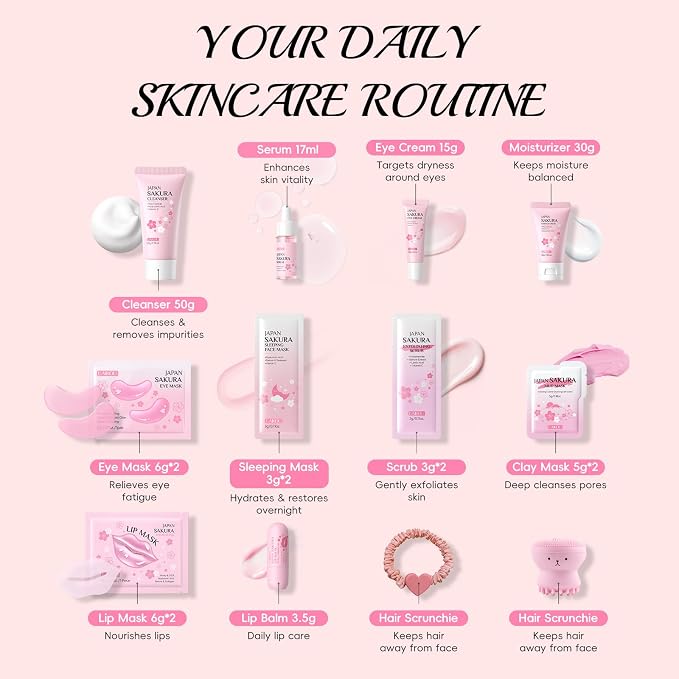 Sakura Skincare Set for Girls, 18pcs Travel-Friendly Facial Care Routine