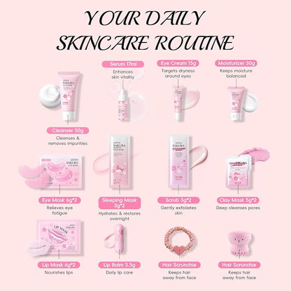Sakura Skincare Set for Girls, 18pcs Travel-Friendly Facial Care Routine