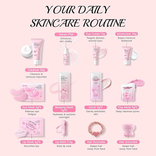 Sakura Skincare Set for Girls, 18pcs Travel-Friendly Facial Care Routine