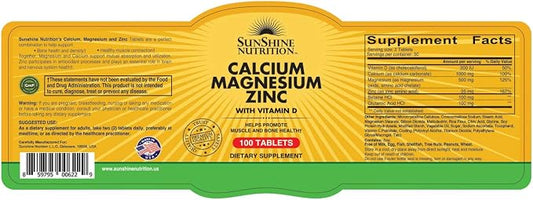 Sunshine Nutrition Calcium Magnesium Zinc With Vitamin D, 100 Tablets | Helps Promote Muscle & Bone Health | Gluten Free