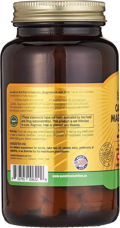 Sunshine Nutrition Calcium Magnesium Zinc With Vitamin D, 100 Tablets | Helps Promote Muscle & Bone Health | Gluten Free