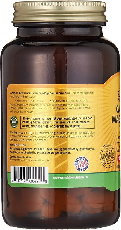 Sunshine Nutrition Calcium Magnesium Zinc With Vitamin D, 100 Tablets | Helps Promote Muscle & Bone Health | Gluten Free